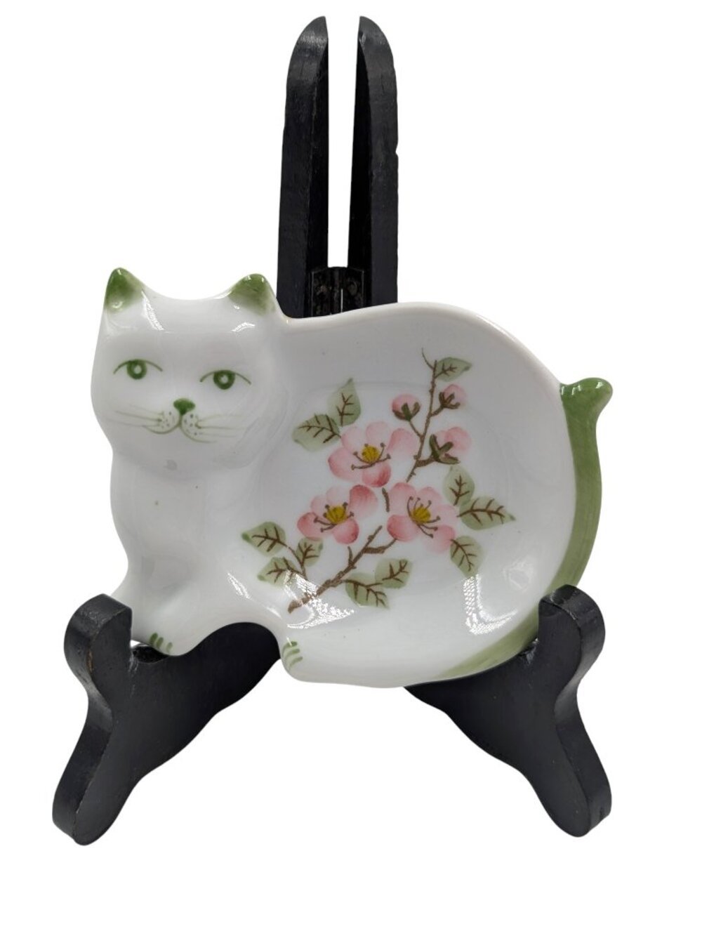 Vintage Andrea by Sadek White/Pink/Green Kitty Cat Floral 3" x 4" Trinket Dish